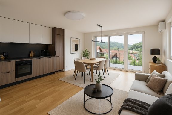 Wohnzimmer mit Einbauküche Beispiel